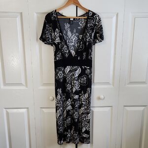 Vintage Studio 1940 Black & White Floral Paisley Midi Dress SZ XL Y2K Waist Tie